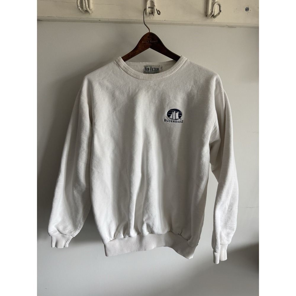 VTG Tiger Non-Fiction Crewneck Sweatshirt Bluenose II White Canada L Nautical